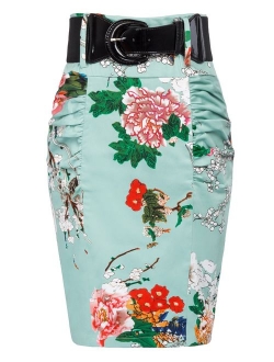 Women's Stretchy Pencil Skirt Side Pleated Business Skirts with Belt KK271(28 Color)