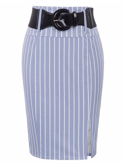 Women's Stretchy Pencil Skirt Side Pleated Business Skirts with Belt KK271(28 Color)