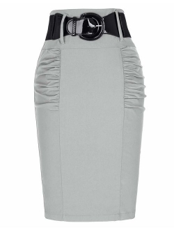 Women's Stretchy Pencil Skirt Side Pleated Business Skirts with Belt KK271(28 Color)