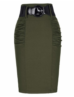 Women's Stretchy Pencil Skirt Side Pleated Business Skirts with Belt KK271(28 Color)