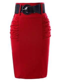 Women's Stretchy Pencil Skirt Side Pleated Business Skirts with Belt KK271(28 Color)