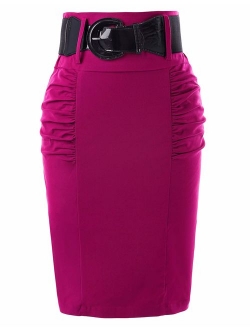 Women's Stretchy Pencil Skirt Side Pleated Business Skirts with Belt KK271(28 Color)