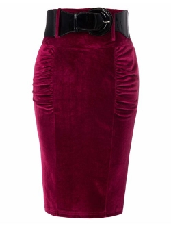 Women's Stretchy Pencil Skirt Side Pleated Business Skirts with Belt KK271(28 Color)