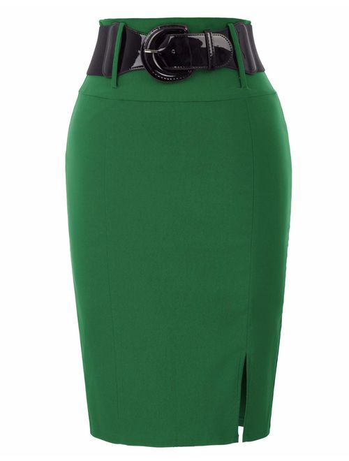 Belle Poque Women's Stretchy Pencil Skirt Side Pleated Business Skirts with Belt KK271(28 Color)