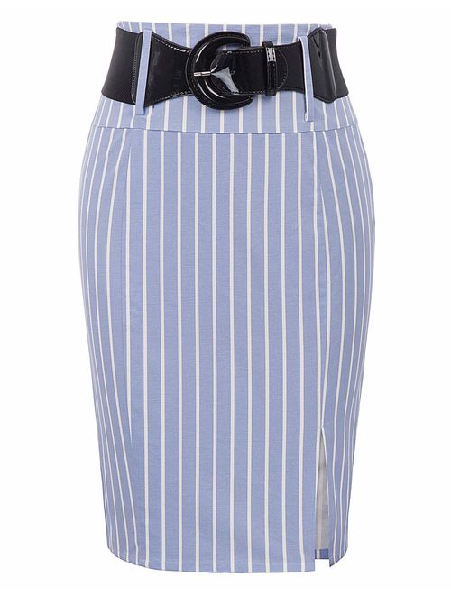 Belle Poque Women's Stretchy Pencil Skirt Side Pleated Business Skirts with Belt KK271(28 Color)