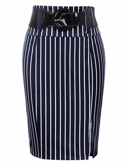 Belle Poque Women's Stretchy Pencil Skirt Side Pleated Business Skirts with Belt KK271(28 Color)