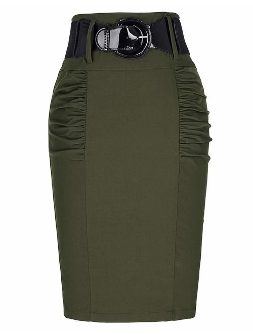 Belle Poque Women's Stretchy Pencil Skirt Side Pleated Business Skirts with Belt KK271(28 Color)