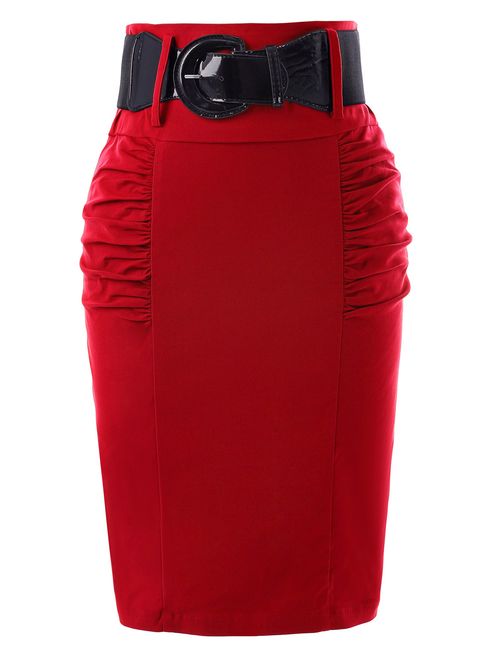 Belle Poque Women's Stretchy Pencil Skirt Side Pleated Business Skirts with Belt KK271(28 Color)