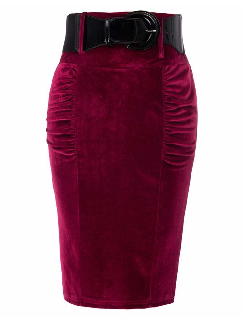 Belle Poque Women's Stretchy Pencil Skirt Side Pleated Business Skirts with Belt KK271(28 Color)