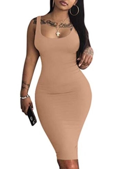 Women's Sexy Bodycon Tank Dress Sleeveless Basic Midi Club Dresses