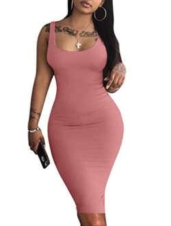 Women's Sexy Bodycon Tank Dress Sleeveless Basic Midi Club Dresses