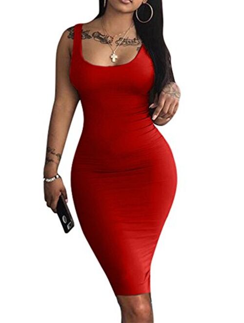 LAGSHIAN Women's Sexy Bodycon Tank Dress Sleeveless Basic Midi Club Dresses