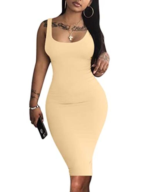 LAGSHIAN Women's Sexy Bodycon Tank Dress Sleeveless Basic Midi Club Dresses