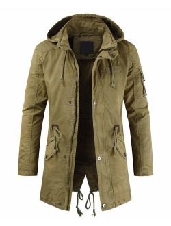 Men's Spring Military Full-Zip Removable Hooded Cotton Mid-Long Parka Jacket Coat