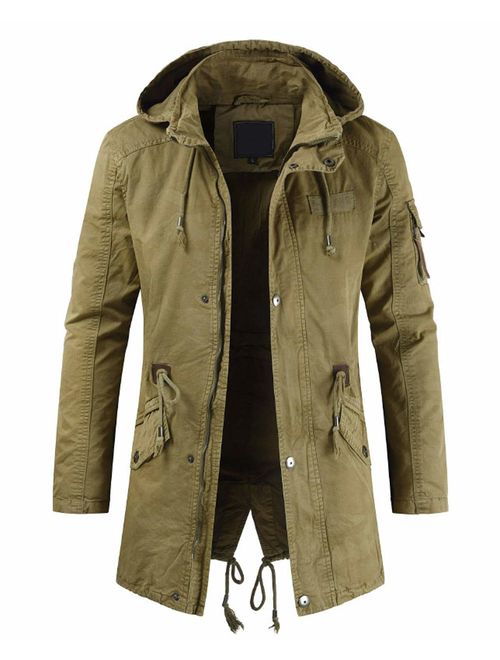 chouyatou Men's Spring Military Full-Zip Removable Hooded Cotton Mid-Long Parka Jacket Coat