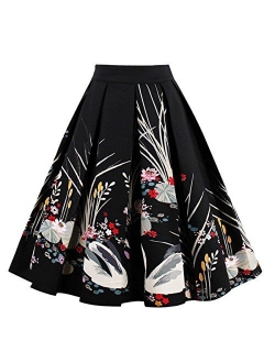 Girstunm Women's Box Pleated Vintage Skirt Floral Print A-line Midi Skirts with Pockets