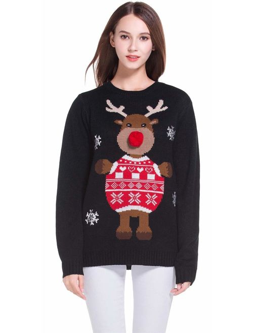 daisysboutique Women's Christmas Cute Reindeer Knitted Sweater Girl Pullover