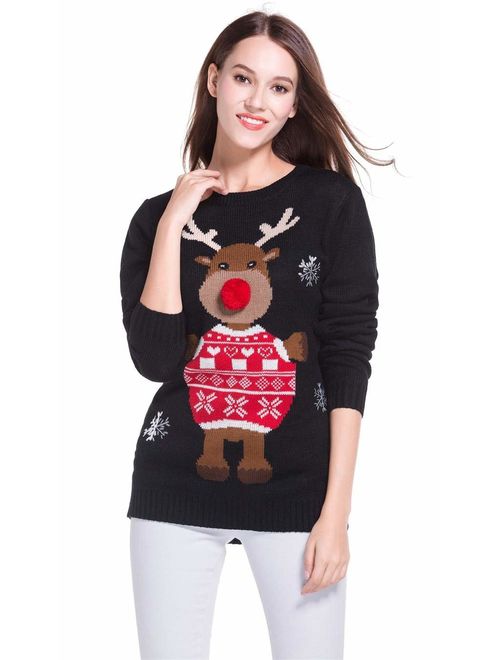 daisysboutique Women's Christmas Cute Reindeer Knitted Sweater Girl Pullover