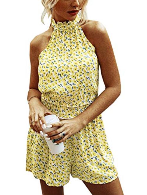 Angashion Women's Rompers - Summer Floral Ruffle Halter Neck Sleeveless Elastic Waist Romper Shorts Jumpsuit