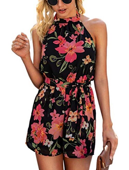 Angashion Women's Rompers - Summer Floral Ruffle Halter Neck Sleeveless Elastic Waist Romper Shorts Jumpsuit