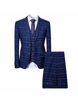 Mens 3 Piece Slim fit Checked Suit Blue/Black Single Breasted Vintage Suits