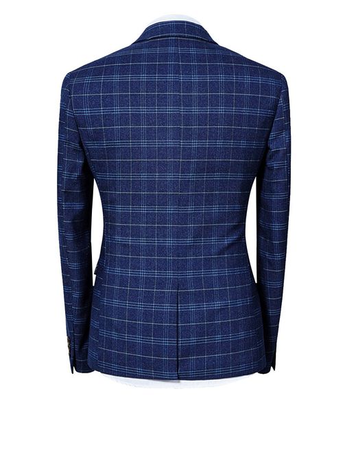 Mens 3 Piece Slim fit Checked Suit Blue/Black Single Breasted Vintage Suits