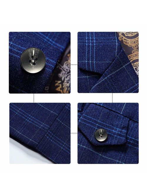 Mens 3 Piece Slim fit Checked Suit Blue/Black Single Breasted Vintage Suits