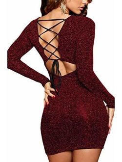 Meenew Women's Long Sleeve Glitter Sequin Lace Up Club Bodycon Mini Party Dress