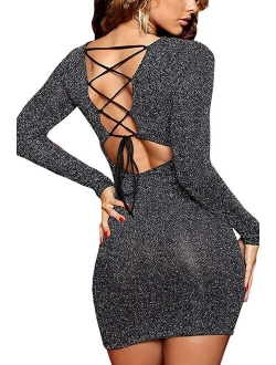 Meenew Women's Long Sleeve Glitter Sequin Lace Up Club Bodycon Mini Party Dress