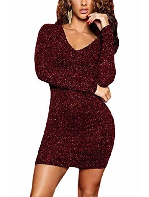 Meenew Women's Long Sleeve Glitter Sequin Lace Up Club Bodycon Mini Party Dress