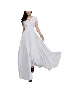 Women's Vintage V-Neck Chiffon Bridesmaid Dress Boho Tulle Long Wedding Pageant Flowy Prom Party Evening Cocktail Maxi Gowns