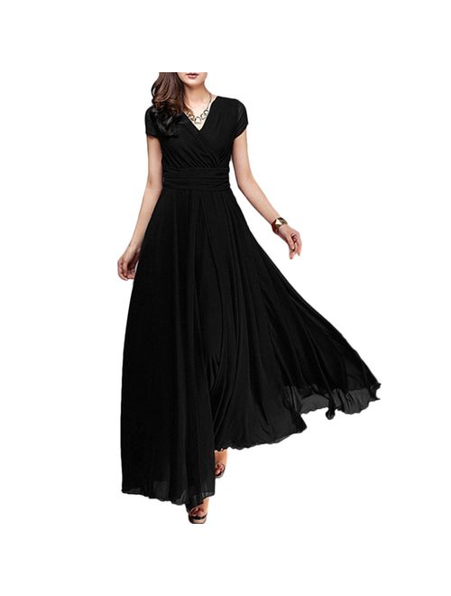 Women's Vintage V-Neck Chiffon Bridesmaid Dress Boho Tulle Long Wedding Pageant Flowy Prom Party Evening Cocktail Maxi Gowns