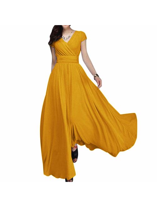 Women's Vintage V-Neck Chiffon Bridesmaid Dress Boho Tulle Long Wedding Pageant Flowy Prom Party Evening Cocktail Maxi Gowns