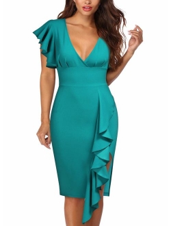 Knitee Deep-V Neck Ruffle Sleeves Cocktail Party Pencil Short Slit Formal Dress