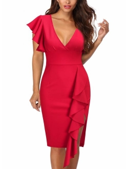 Knitee Deep-V Neck Ruffle Sleeves Cocktail Party Pencil Short Slit Formal Dress