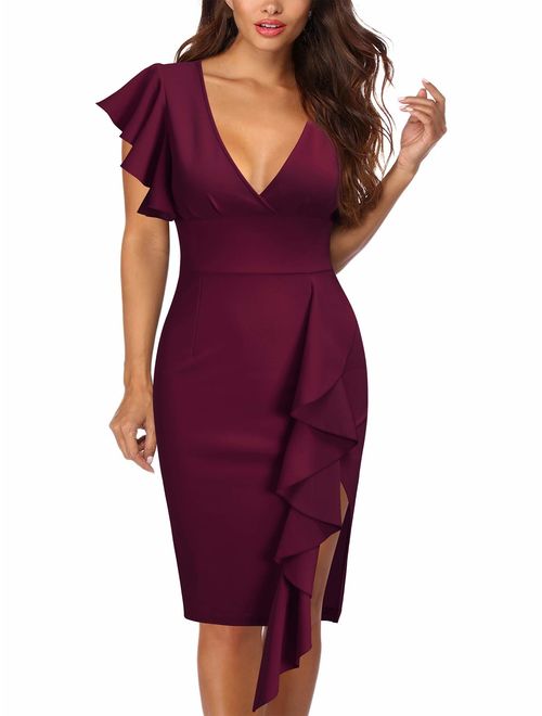 Knitee Deep-V Neck Ruffle Sleeves Cocktail Party Pencil Short Slit Formal Dress