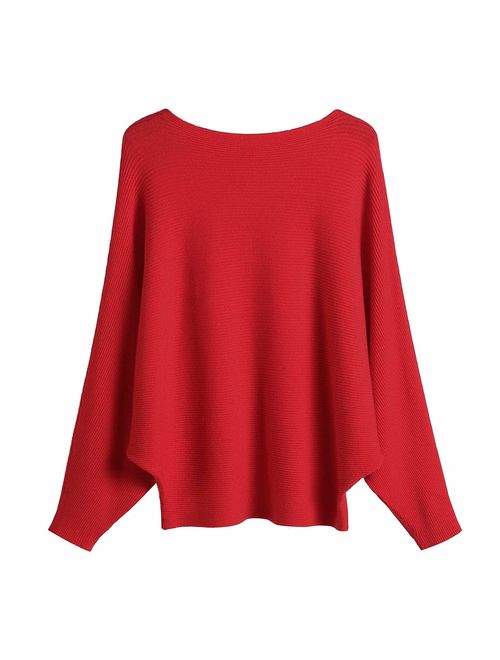 GABERLY Boat Neck Batwing Sleeves Dolman Knitted Sweaters and Pullovers Tops for Women