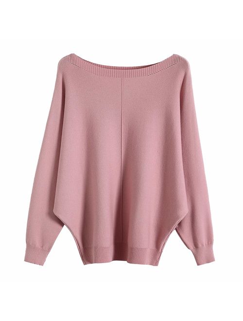 GABERLY Boat Neck Batwing Sleeves Dolman Knitted Sweaters and Pullovers Tops for Women