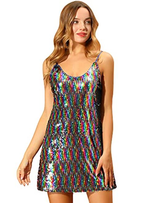 Allegra K Women's Glitter Sparkle Adjustable Strap Mini Party Sequin Dress