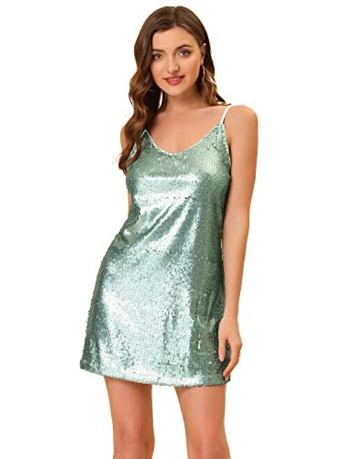 Allegra K Women's Glitter Sparkle Adjustable Strap Mini Party Sequin Dress