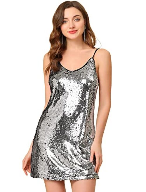 Allegra K Women's Glitter Sparkle Adjustable Strap Mini Party Sequin Dress