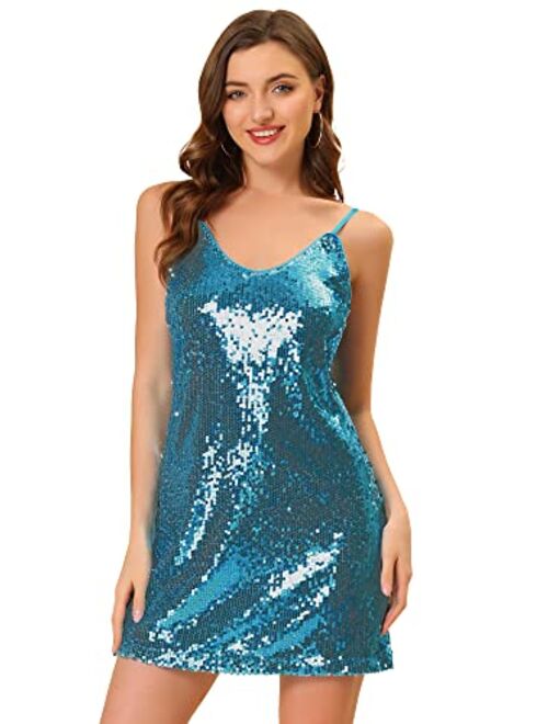 Allegra K Women's Glitter Sparkle Adjustable Strap Mini Party Sequin Dress