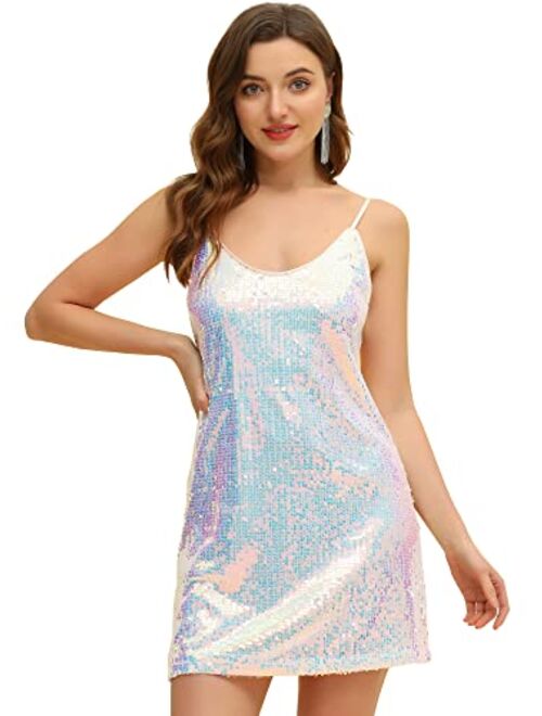 Allegra K Women's Glitter Sparkle Adjustable Strap Mini Party Sequin Dress