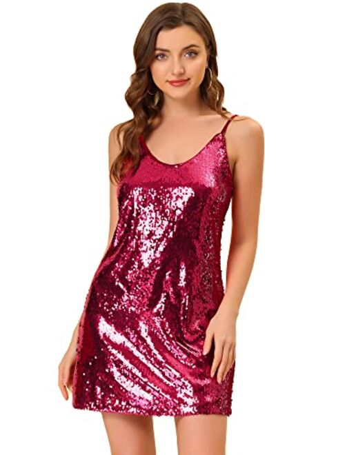 Allegra K Women's Glitter Sparkle Adjustable Strap Mini Party Sequin Dress