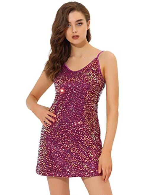 Allegra K Women's Glitter Sparkle Adjustable Strap Mini Party Sequin Dress