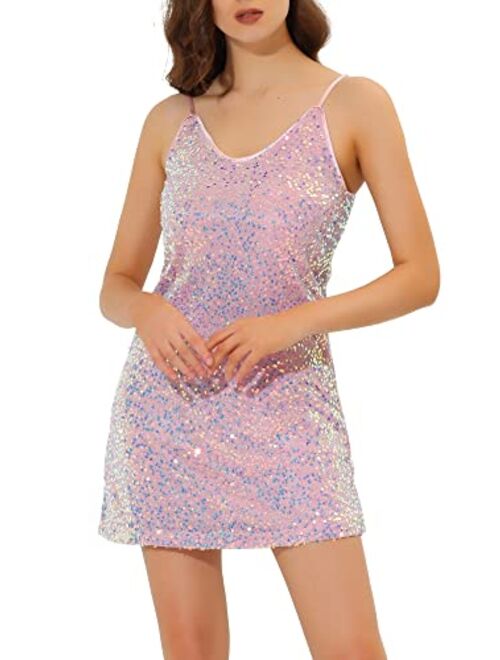 Allegra K Women's Glitter Sparkle Adjustable Strap Mini Party Sequin Dress