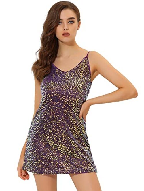 Allegra K Women's Glitter Sparkle Adjustable Strap Mini Party Sequin Dress