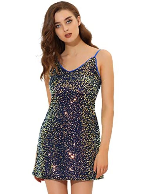 Allegra K Women's Glitter Sparkle Adjustable Strap Mini Party Sequin Dress