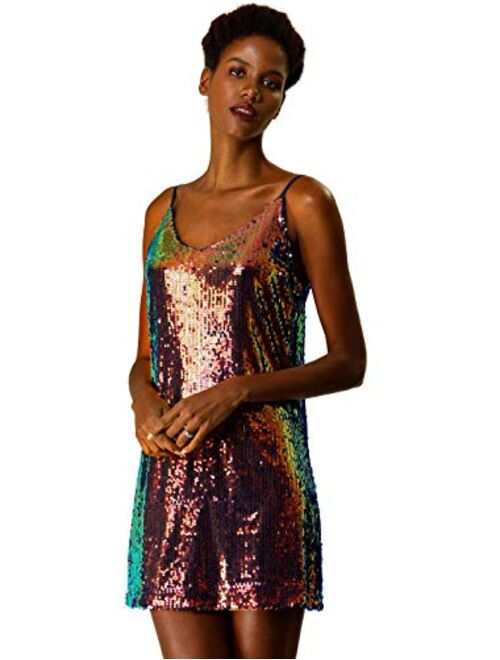 Allegra K Women's Glitter Sparkle Adjustable Strap Mini Party Sequin Dress