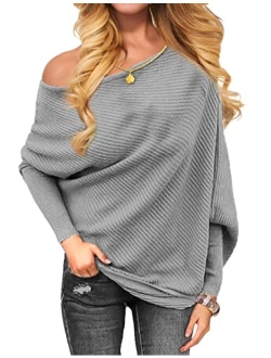 OmicGot Women's Off The Shoulder Long Sleeve Pullover Knit Jumper Baggy Solid Sweater